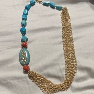 Elegant Gold tone and Blue/orange Beaded Necklace